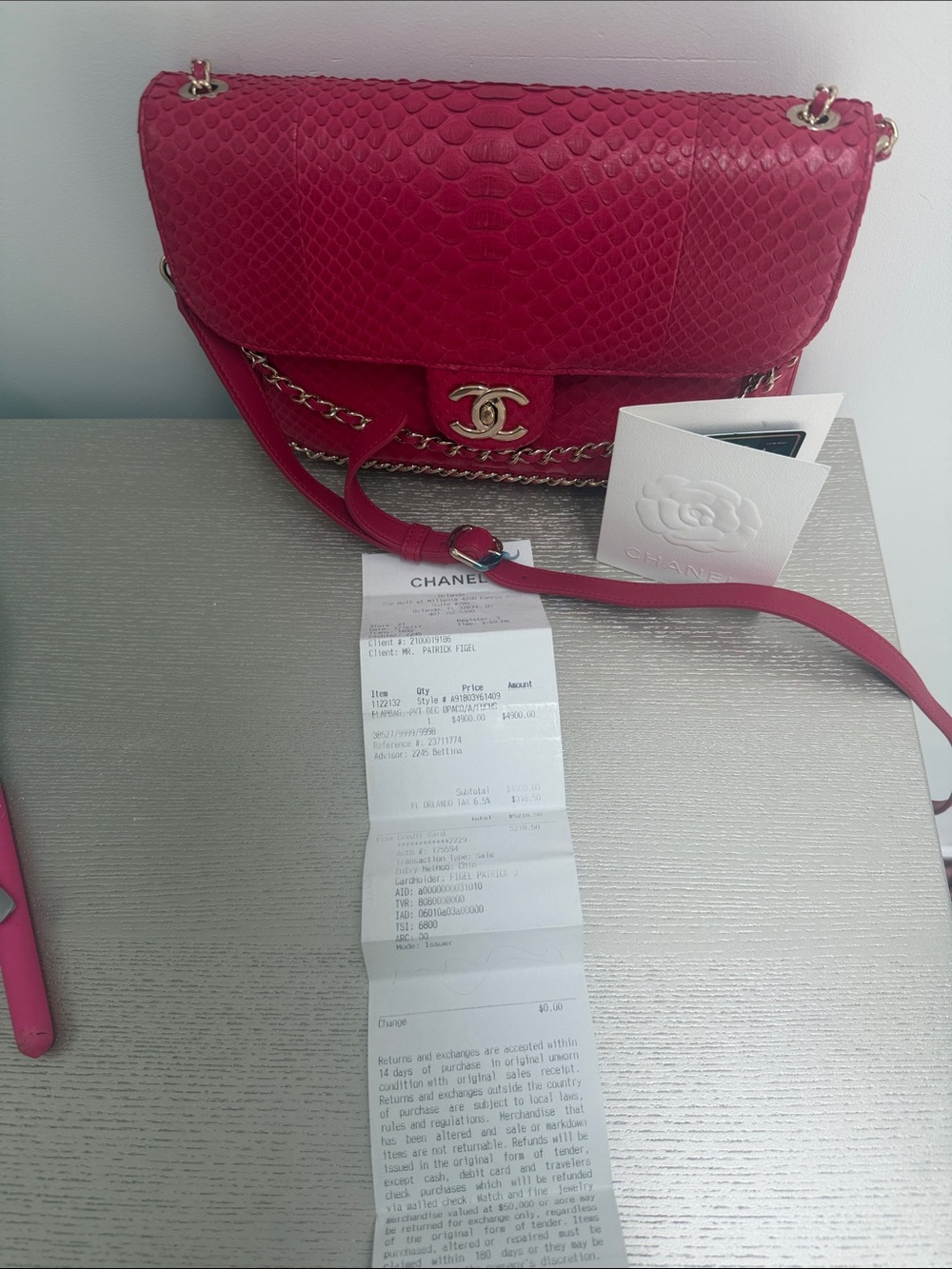 SOLD- CHANEL hot pink Python Flap bag - Picture 6 of 7
